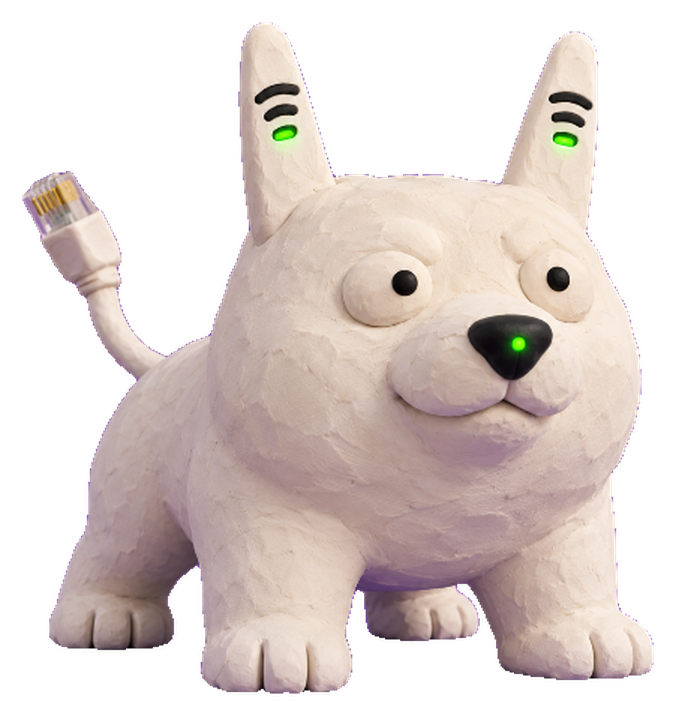 Dog wif WiFi: a white clay dog with antenna ears showing signal bars, a green nose light and an RJ45 cable tail